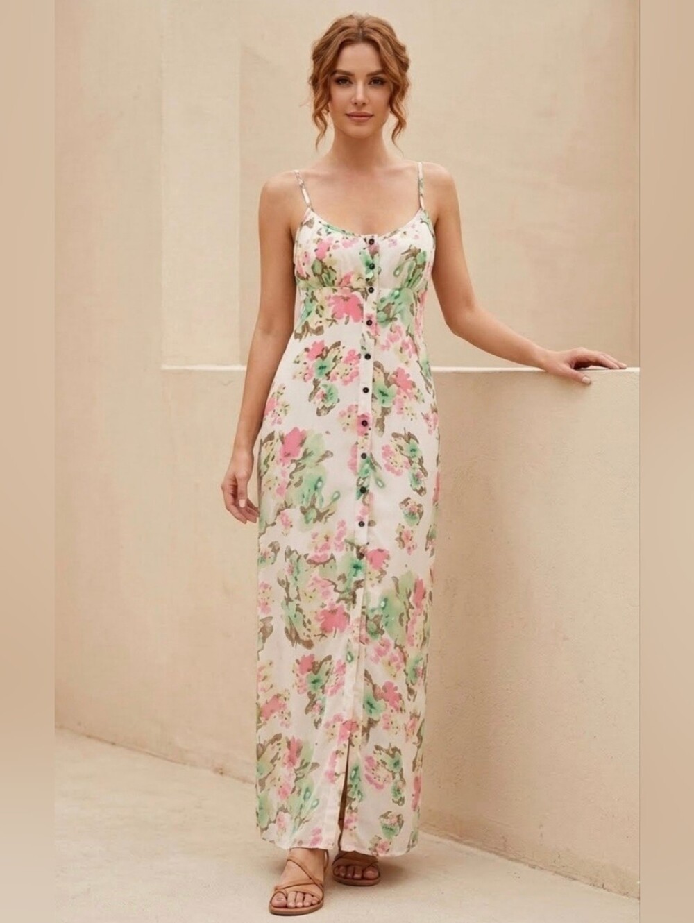 Mimi Chica Floral Button-Down Dress Peasant Boho Summer Spaghetti Straps Small